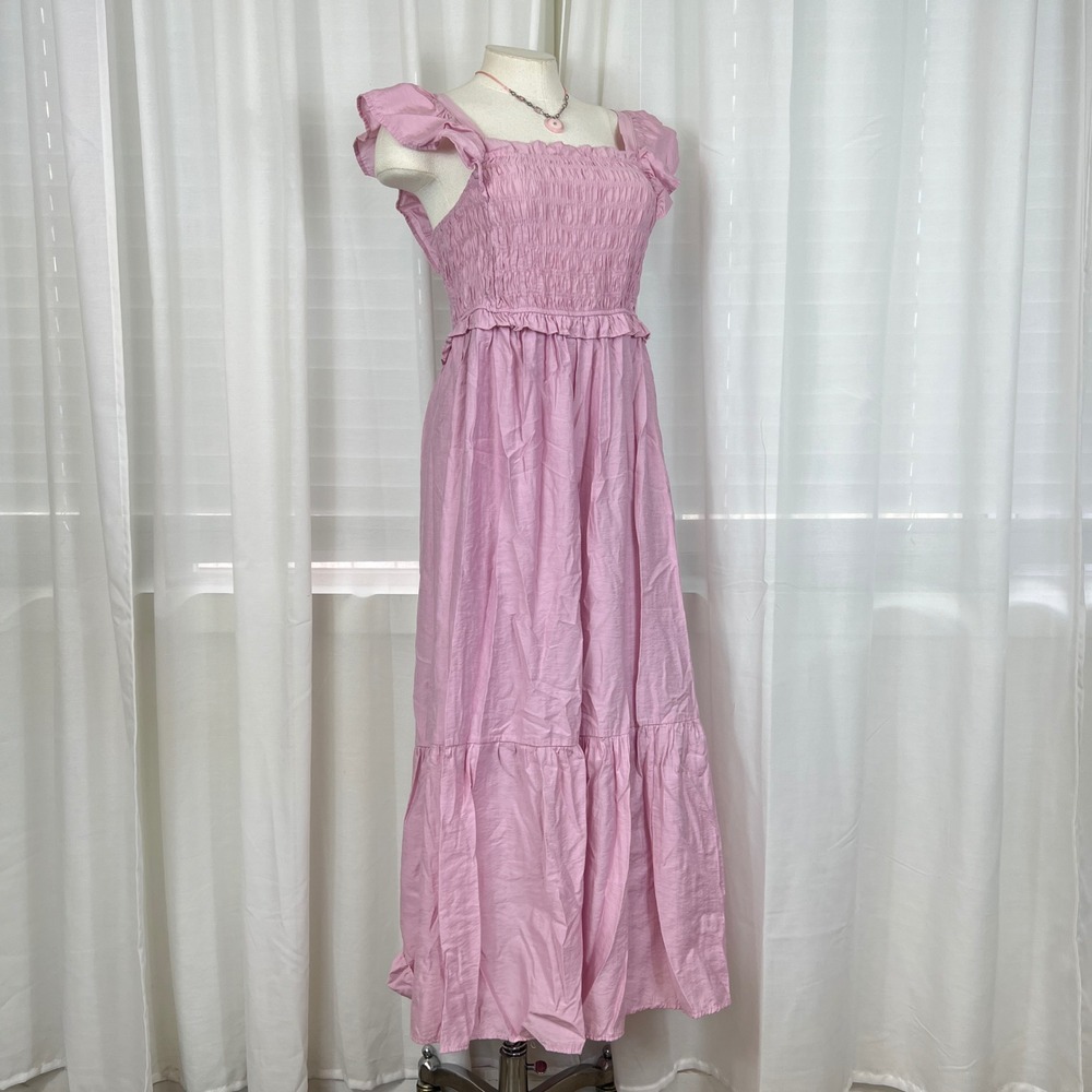 MOON RIVER‎ Smocked Midi Dress Sz Large Flutter Sleeve Baby Pink Lined Cottage
